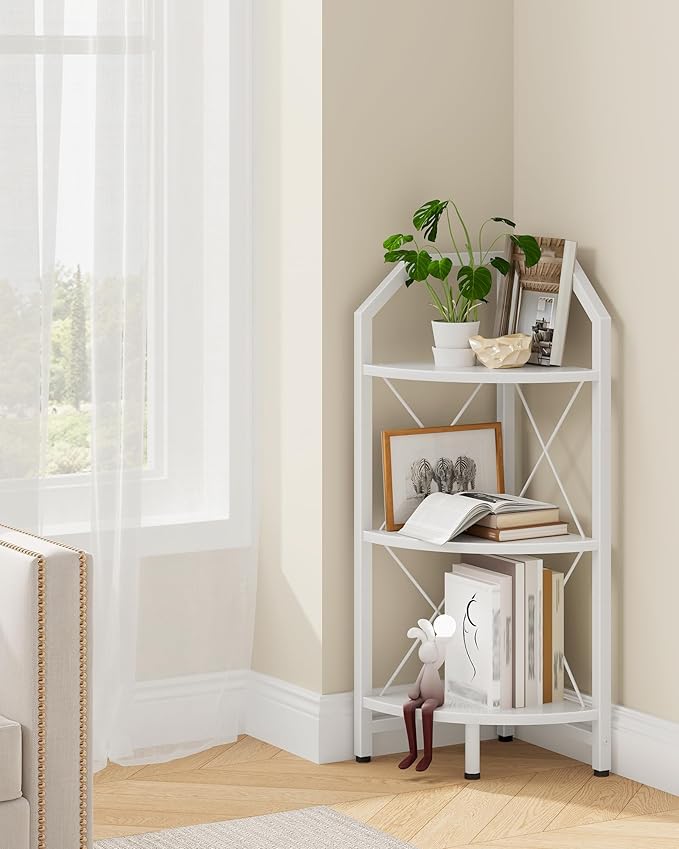 3-Tier Corner Shelf, Industrial Corner Bookshelf, 35.4" Storage Stand, Plant Stand Display Shelf, Bookcase for Bedroom, Living Room, Home Office, White TCJ03WB