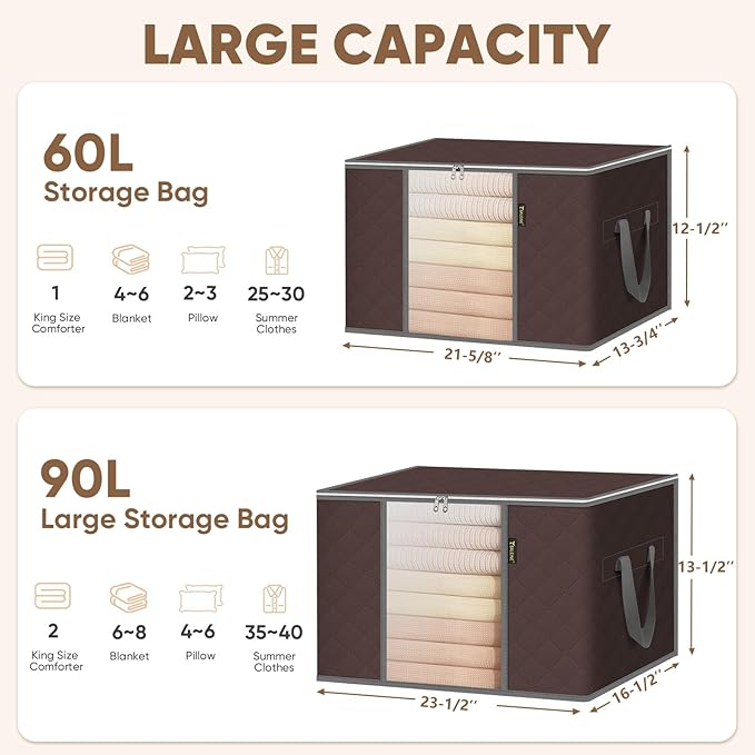 BALEINE 2 Pack Clothes Storage Bags, 24 Gallon Storage Containers with Reinforced Handle, Sturdy Zipper, Closet Organizer for Blanket, Comforter, Pillow, Bedding (Brown, 2 Pack)