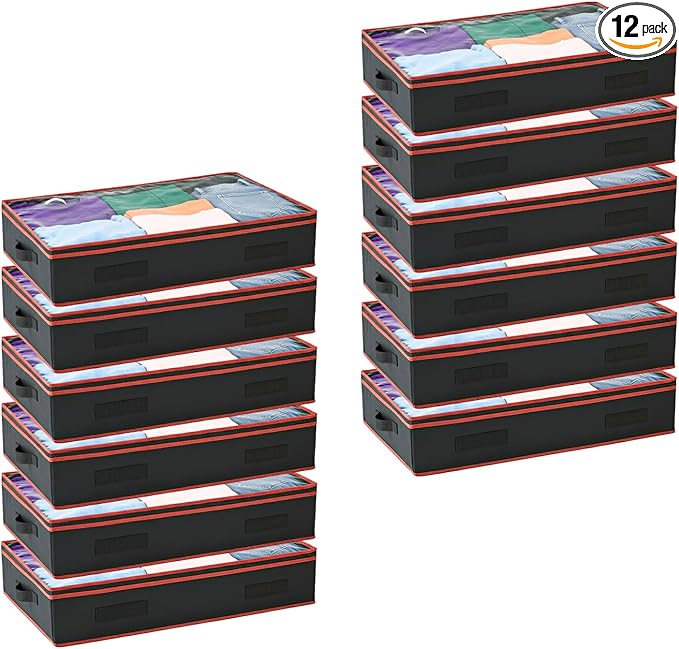 6 Inches Under Bed Storage Containers with Clear Lids | Pack of 12 Underbed Shoe Storage Foldable Clothes Organizer Bins for Blankets, Pillows, Sturdy Handles, Dustproof, & Seasonal Items
