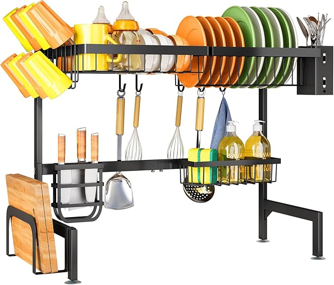 SNTD Over The Sink Dish Drying Rack - Adjustable Dish Rack for Kitchen Counter, Metal (Black)