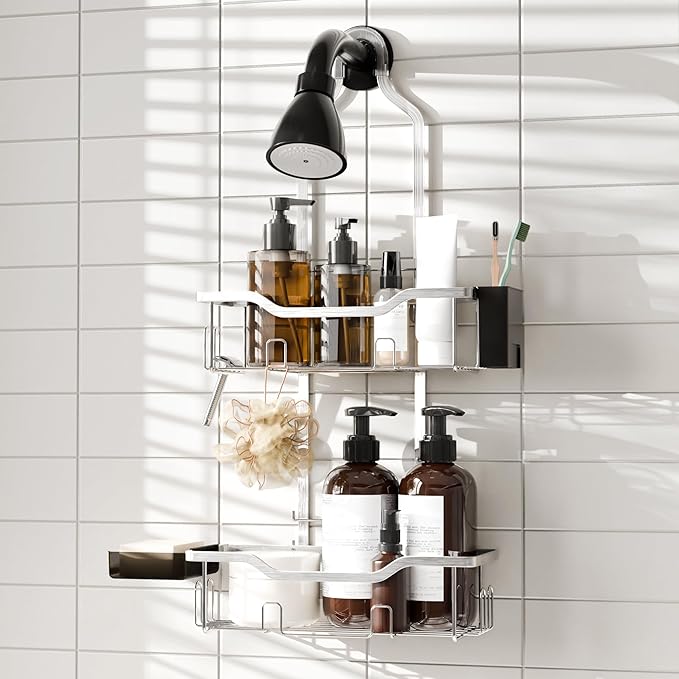 Hanging Shower Caddy Over Head,2 Tier Rustproof Shower Organizer for Tall Showerhead,No Drill Bath Caddy Hanging with Soap Dish and Toothbrush Holder for Razor and Sponge,Silver