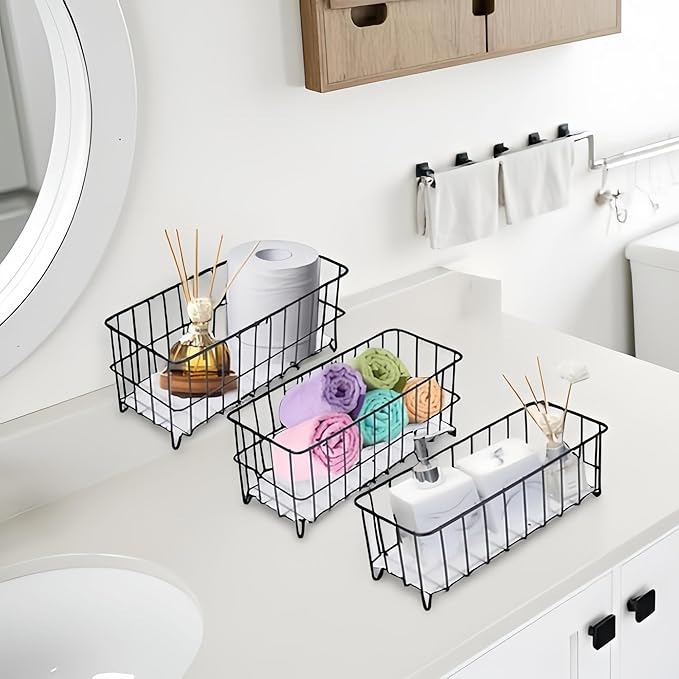 TIEYIPIN Farmhouse Decor Small Metal Wire Storage Organizer Basket Bins, Stainless Steel Organizing Basket Caddy Bin for Kitchen Cabinets, Bathroom, Pantry, Garage - Black (Set of 3)