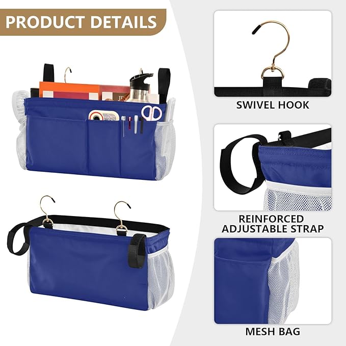 KOPIRIT Blue Bedside Caddy Storage Bag Bedside Organizer for Bunk Bed Headboards College Organizer Caddy Hanging Shelf 6 Pockets with Hooks for Book Glasses Phone Holder