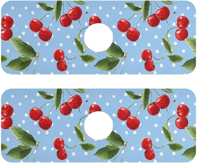 Kitchen Sink Splash Guard 2 PCS 14.7 Inch Sink Faucet Mat Splash Guard for Bathroom Countertop Water Absorbent Foldable Cuttable Soft Washable Light Blue Dots Red Cherry