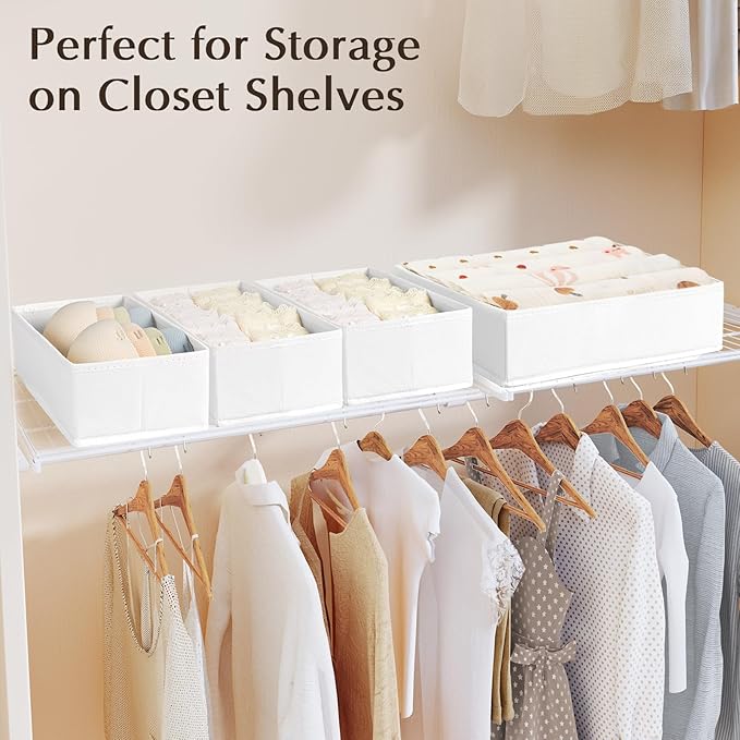 DIMJ Drawer Organizers Clothes, Set of 12 Dresser Organizer Bins, Fabric Closet Organizers and Storage, Shallow Drawer Dividers for Nursery, Clothing, Baby Clothes, Socks, Underwears, Tie (White)