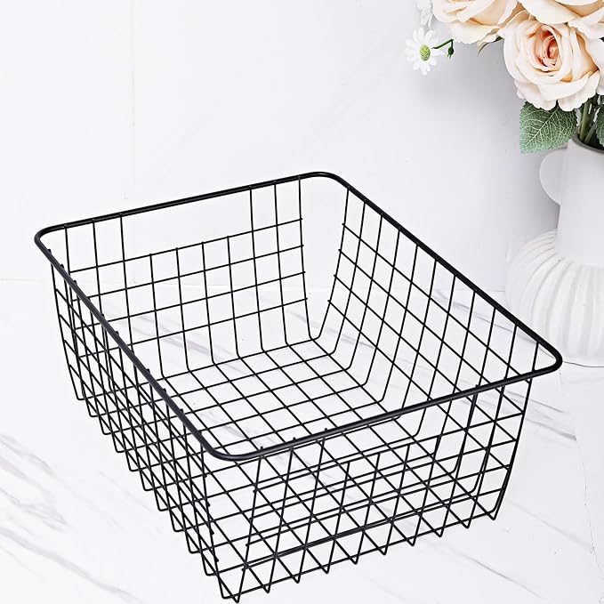 14" Upright Freezer Storage Baskets, Black Wire Storage Bins Large Bakset for Freezer, Pantry, Bathroom Organizing, Set of 2