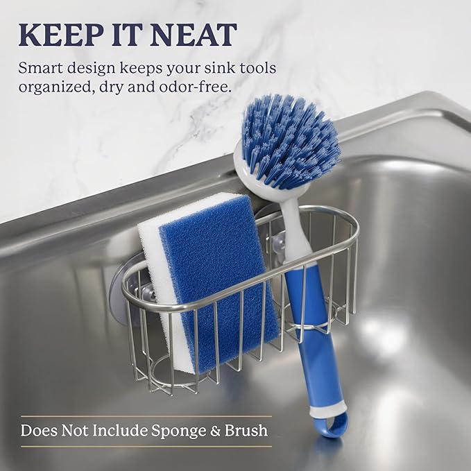 Farberware Sponge Holder for Kitchen Sink—Brushed Metal Sink Caddy Organizer with Triple Suction Cups, Kitchen Organizer for Sponges, Brushes, Soap & Cleaning Essentials