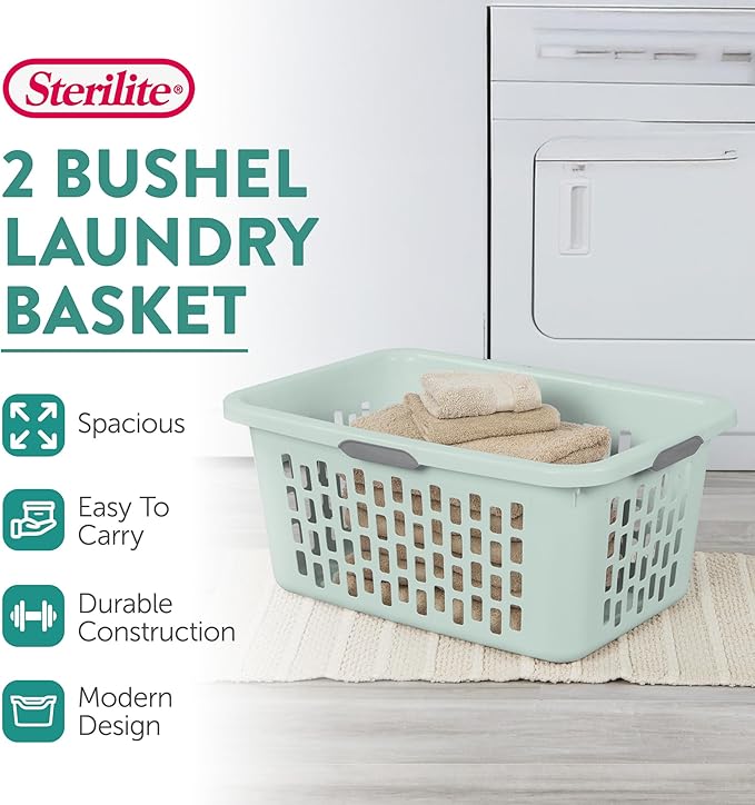 Sterilite Laundry Basket, Plastic Clothes Hamper, Large Rectangle Bin with Comfort Grip Handles and Reinforced Rim, 2 Bushel Capacity, Mint, 6 Pack