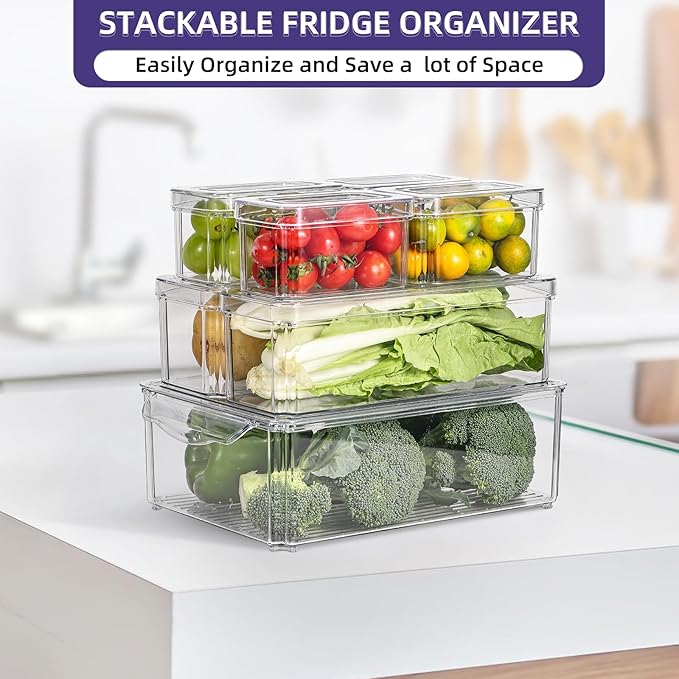 7 Pack Stackable Fridge Organizer Bins with Lids KitchenClear Acrylic Kitchen Refrigerator Organizers and Storage, Dripping Hole Design to Keep Food Fruit Vegetable Fresh for Freezer, Pantry