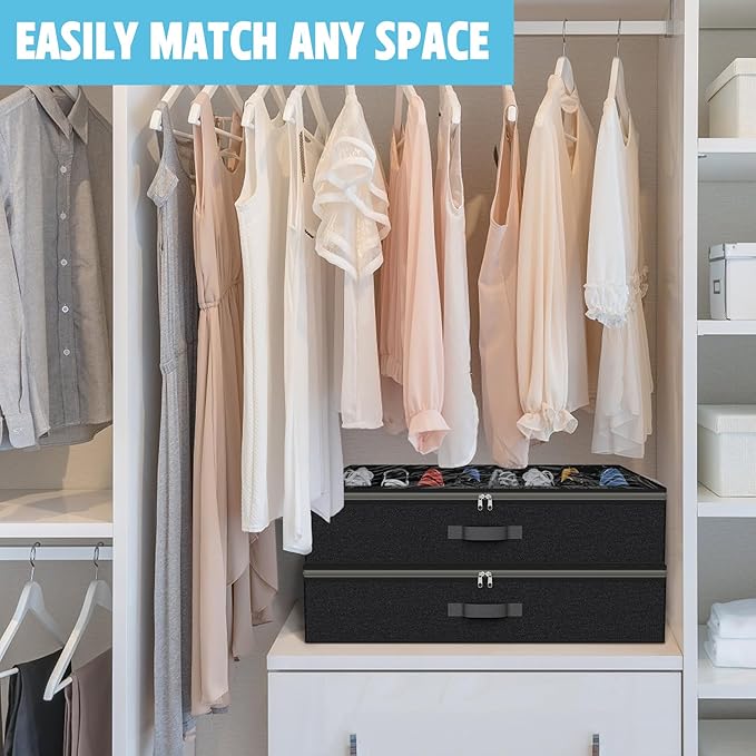 Under Bed Shoe Storage Organizer for Closet, Fits 32 Pairs Underbed Shoes Box Storage Containers Under the Bed Storage Foldable with Sturdy Handles&Clear Window for College Dorms Black, Set of 2
