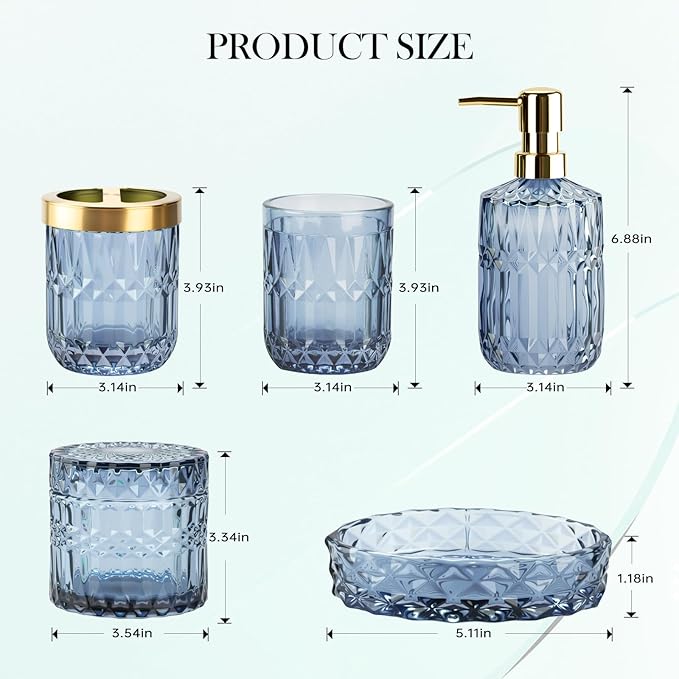 Bathroom Accessory Set 5 Pcs, Glass Bathroom Set Include Soap Dish, Toothbrush Holder, Mousewash Cup, Soap Dispenser, Cotton Swab Jar, Blue