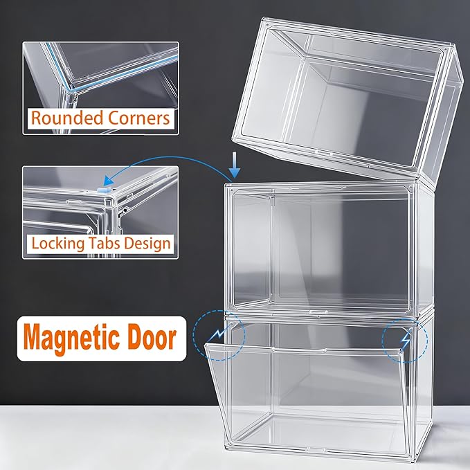 5 Pack XXX-Large Super Large Acrylic Display Case Figures Collectibles Helmet Showcase Boot & Shoe Boxes Clear Stackable Plastic Storage Bins Organizer with Magnetic Lid, 5 Pack with 2 Shoe Bags