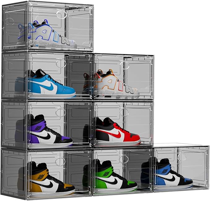 KEFA XL Shoe Storage Box Organizer, 8 Pack Shoe Boxes Clear Plastic Stackable, Sneaker Display Case Container Fit for US 13 (Side 8 PACK GREY)