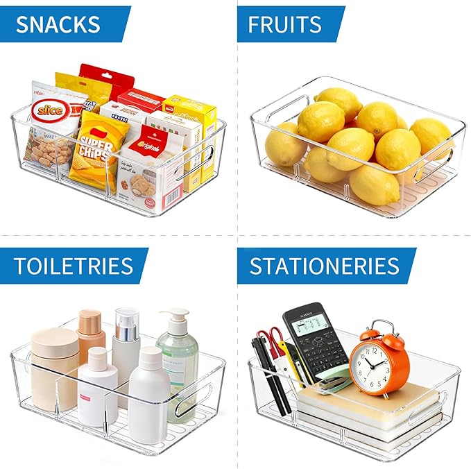 Mpotmiy 10 Pack Pantry Organizers and Storage,Clear Plastic Containers with 2 Dividers for Kitchen,Fridge Organization and Storage,Acrylic Bins for Pounches,Spice Packet,Snack organzier