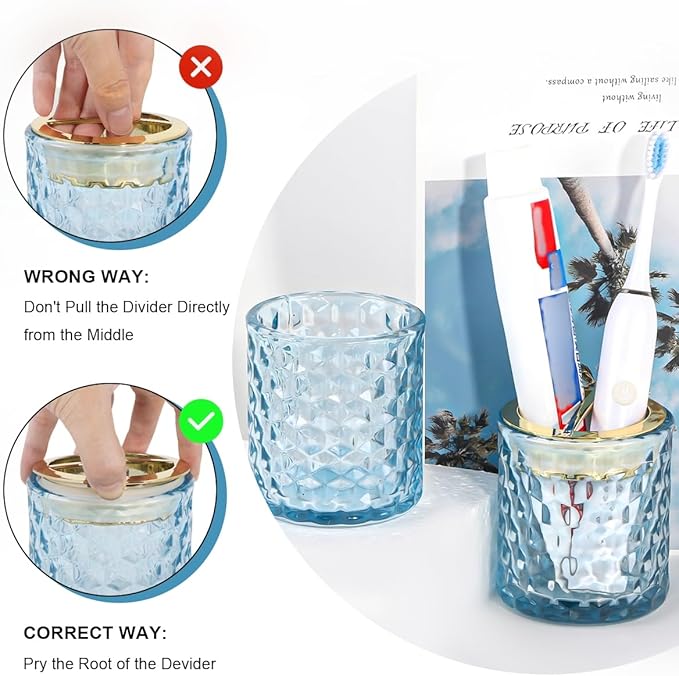 2pcs Blue Toothbrush Holders for Bathrooms, Glass Toothbrush Holder and Bathroom Tumbler Set, Gold Tooth Brush Cup Holder, Bathroom Counter Organizer for Brushes, Toothpaste