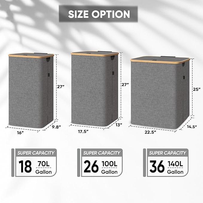 BALEINE Laundry Hamper with Lid, Tall Laundry Baskets with Bamboo Pull Handles, Large Laundry Bin with Internal Support (26 Gal/100L, Beige) (Pack of 2)