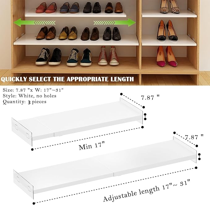 Expandable Closet Organizer Shelves, 3 Pack Adjustable Metal Storage Shelves Dividers for Wardrobe Cupboard Kitchen (White,7.9" D x 17"-31" W,3PCS)