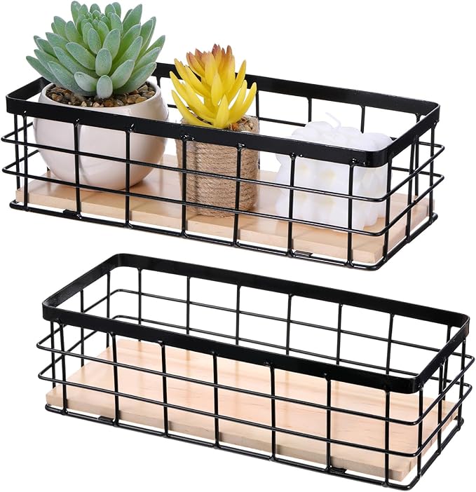 2 Pack Black Metal Wire Storage Baskets with Wood Bottoms, Bathroom Storage Organizer Basket Bins, Includes 2 Bonus Adhesive Hooks for Easy Wall Mounting