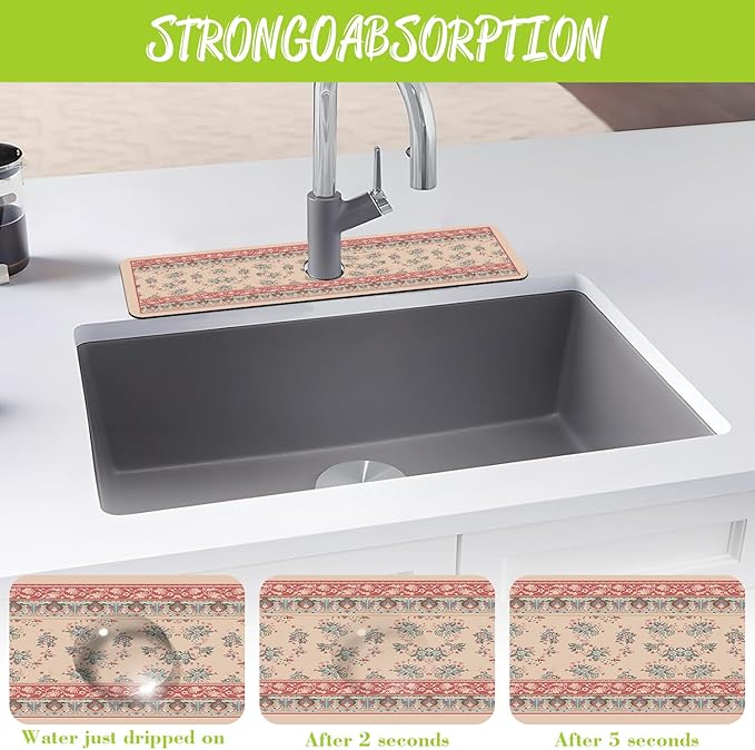 Sink Splash Guard Faucet Mat Retro Boho Flowers Absorbent Fast Drying Mat Sink Gadgets Splash Guard Behind Faucet Drip Catcher for Kitchen Bathroom 23.5"X5.5"