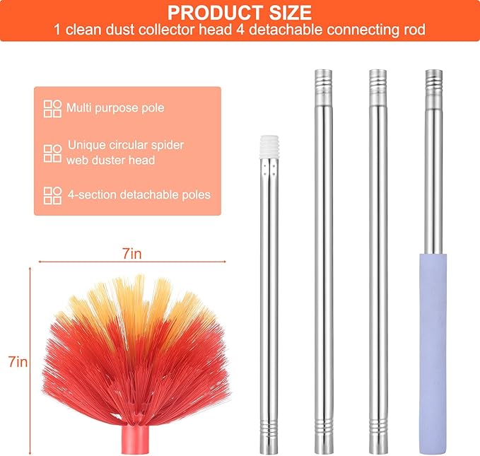 Cobweb Duster with Extension Pole, 59" Adjustable Stainless Steel Pole, Washable Duster with Medium-Stiff Bristles for Ceiling Fan, High Ceilings, Blinds, Furniture, Kitchen, and Home Cleaning