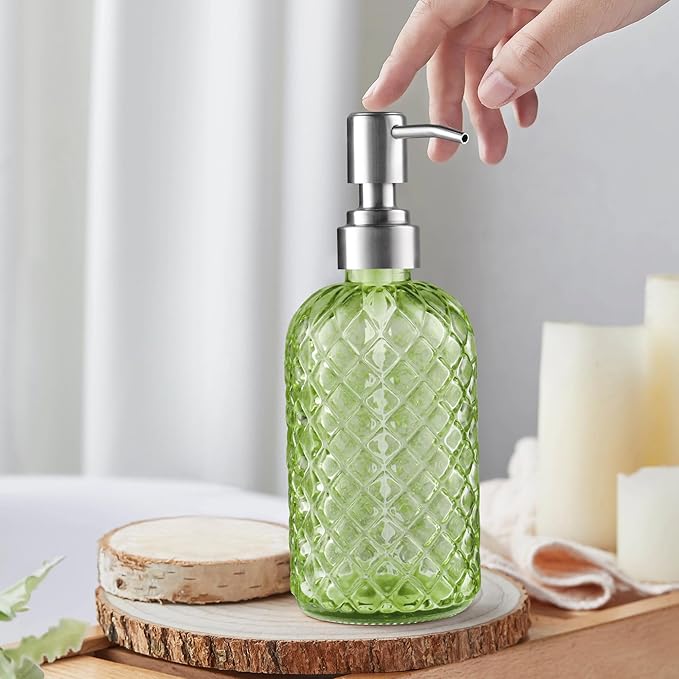 14 Oz Refillable Glass Soap Dispenser with Rust Proof Stainless Steel Pump, for Dispense Hand soap, Body wash, Lotion 2pack (Green)