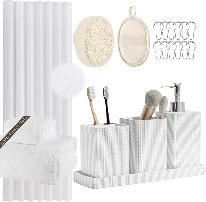 Resin White Bathroom Set, White Bathroom Accessories Set with Shower Curtain, Bath Towel Set, Natural Loofah Sponge, Soap Dispenser, Toothbrush Holder, Bathroom Tumbler and Tray for Bathroom