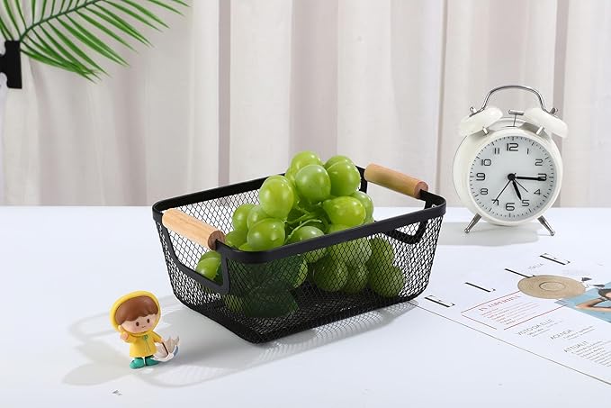 2 Pack Metal Mesh Steel Basket, Small Wire Storage Organizer Basket Multi-function Hanging Kitchen Basket Fruit Baskets with Wood Handle for Kitchen Picnic Cabinet Home Decor, Rectangle-Black