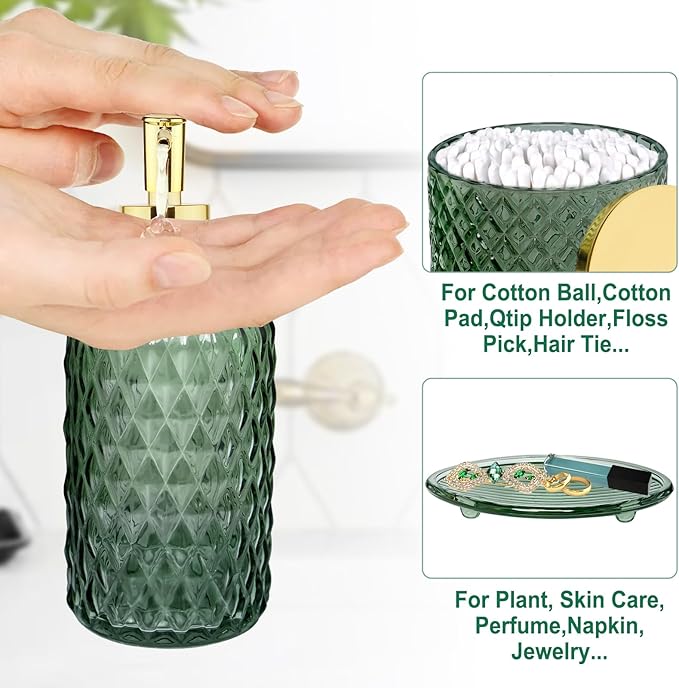 Bathroom Accessories Set, 4Pcs Sage Green Glass Bathroom Accessory Set Complete w/Lotion Soap Dispenser, Toothbrush Holder, Qtip Holder, Soap Dish, Gold Bathroom Decor Sets, Gift for Home Apartment
