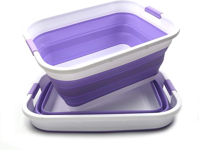 SAMMART Set of 2-41L(10.8 gallon) Collapsible Plastic Laundry Basket-Pop Up Storage Container-Portable Washing Tub-Space Saving Hamper,Water capacity:32L(8.4 gallon) (2 rectangular, Lt. Purple)