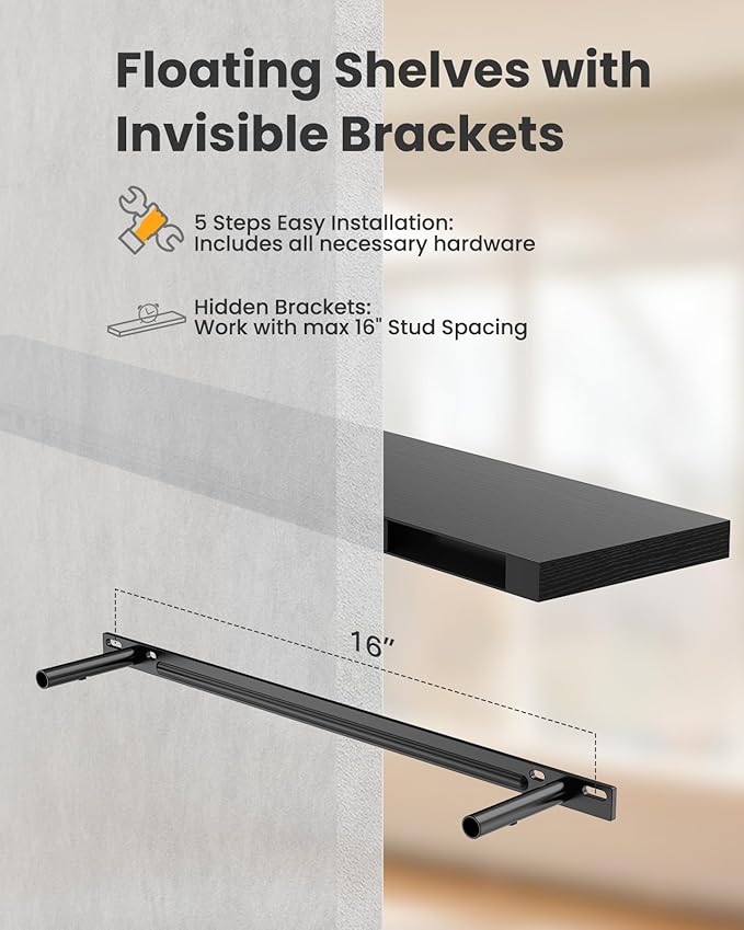 AMADA HOMEFURNISHING Floating Shelves, Wall Shelves for Living Room, Bedroom, Bathroom, Kitchen & Home Office Organization, Bathroom Shelves with Hidden Brackets, 22 lbs Max Load, Black, AMFS45B