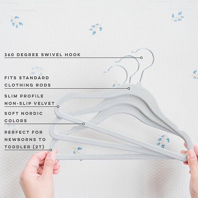 3 Sprouts Velvet Baby Hangers - Non-Slip Hanger for Infant, Toddler, Baby Clothes - Closet Kids Hangers with Slim Design, Nordic Colors (Gray - Pack of 30, Pack of 30)