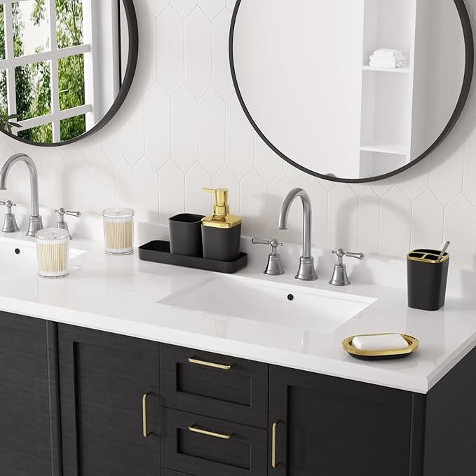 Black Bathroom Accessories Set, Black and Gold Bathroom Accessories with Trash Can, Tray, Soap Dispenser, Soap Dish, Toothbrush Holder, Toothbrush Cup,Toilet Brush and Qtip Holders