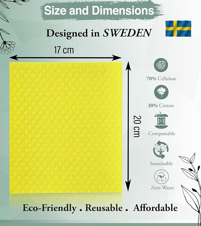 10 PCS Swedish Dishcloths for Kitchen 100% Biodegradable | Reusable Cellulose Sponge Cloths | Ultra Absorbent, Eco-Friendly Cleaning Towels | Dishcloths for Washing Dishes & General Cleaning