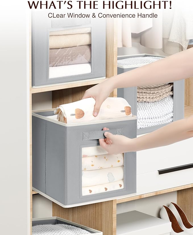 Storage Cube 11 Inch - Cube Storage Bins with Window, Closet Storage Baskets with Handle, Fabric Bins for Closet, Shelves, Toys, Clothes, Set of 14, Grey