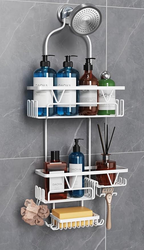 Over the Shower Head Caddy, White Shower Caddy Hanging, 3 Tier Anti-Swing Bathroom Organizer with Soap Holder & Hooks