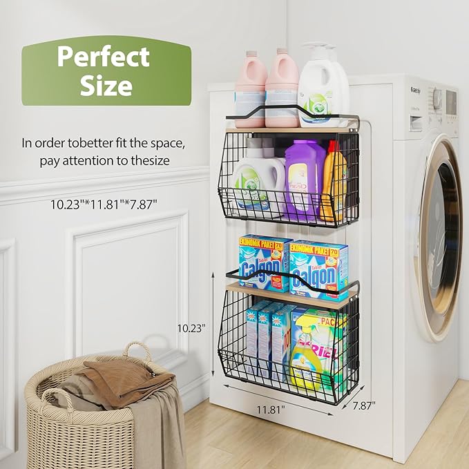 Magnetic Shelf for Fridge with Wood Lid, 2 Tier Fruit Baskets Wall Mounted Hanging Basket with 4 Hanger Hooks, Potato and Onion Magnetic Storage Bins for Kitchen Counter, Refrigerator, Cabinet
