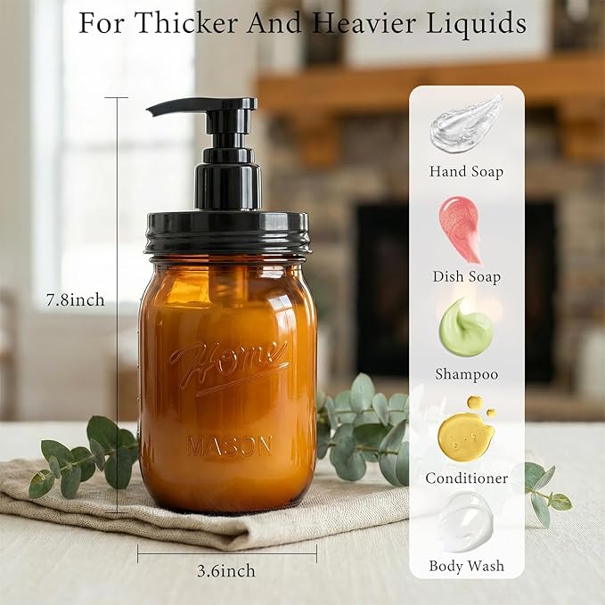 Amolliar Plastic Mason Jar Soap Dispenser with Pump Lid,16OZ Refillable Hand Soap Dispenser Set with Cute Lables - Farmhouse Decor for Kitchen Bathroom, Liquid Soap, Dish Soap, Lotion (2 Pack, Amber)