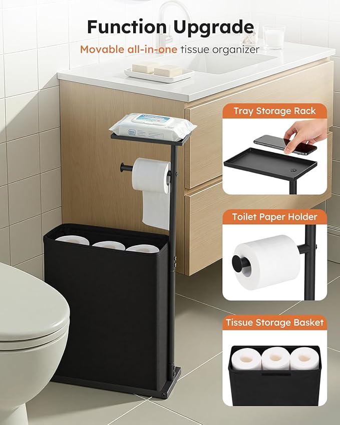 SOLEDI Freestanding Toilet Paper Holder Stand,Bathroom Toilet Paper Storage Organizer with Lid for up to 12 Rolls,Featuring Shelf and Sturdy Metal Base,Black