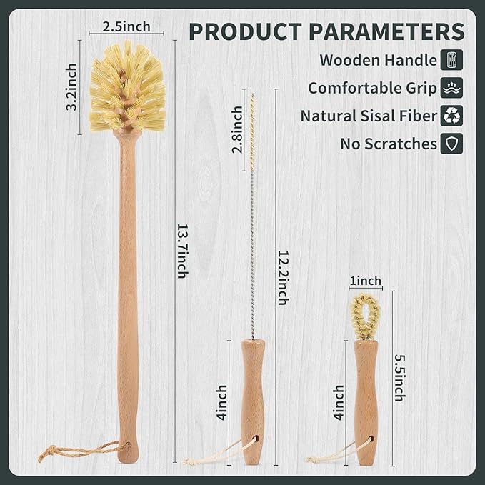 Natural Bottle Brush Set 3-in-1-13.7 Inch Long Handle Wooden Bottle Brush for Cleaning, Water Bottle Cleaner Brush for Cups & Wide Mouth Jars