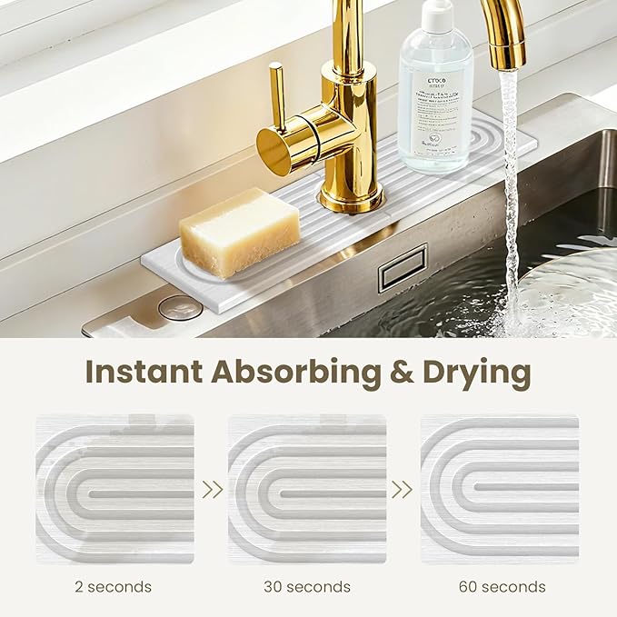 Faucet Mat for Kitchen Sink,Diatomite Fast Drying Stone Sink Tray,Faucet Splash Guard for Bathroom Counter [15.8"x4"],Super Absorbent, Prevents Moisture Buildup