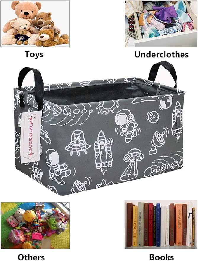 QUEENLALA Rectangular Laundry Hamper/Foldable Nursery Laundry Basket for Organizing/Storage Bin Baskets/Children Toy Office Bedroom/Toy Bin Closet Shelf Baskets（Rec-Grey space exploration）