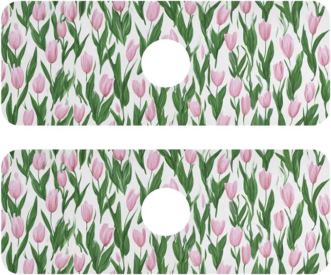 Kitchen Sink Splash Guard 2 PCS 14.7 Inch Sink Faucet Mat Splash Guard for Bathroom Countertop Water Absorbent Foldable Cuttable Soft Washable Small Tulips Pink