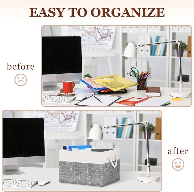 Storage Bin,Collapsible Storage Basket For Organizing,Large Storage Boxes With Rope Handles,Storage Containers,White & Grey,4 Pack