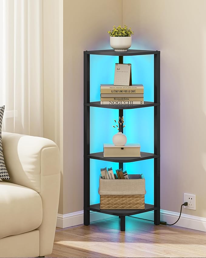 TUTOTAK Corner Shelf, 4-Tier Corner Bookshelf for Small Space, Narrow Display Corner Shelf Stand with Storage Rack, for Living Room, Bedroom, Black BS08BK004L