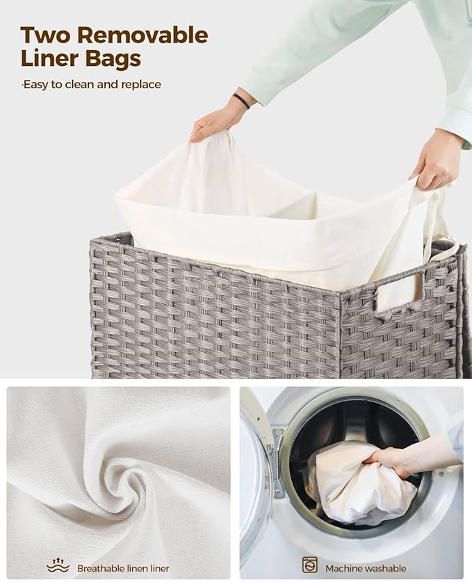 Greenstell Laundry Hamper with Wheels, No Install Needed, 90L Divided Handwoven Hampers & 2 Removable Liner Bags, Rattan Clothes Laundry Basket with Lid & Handles, Foldable Hampers Gray 18x13x26.4 In