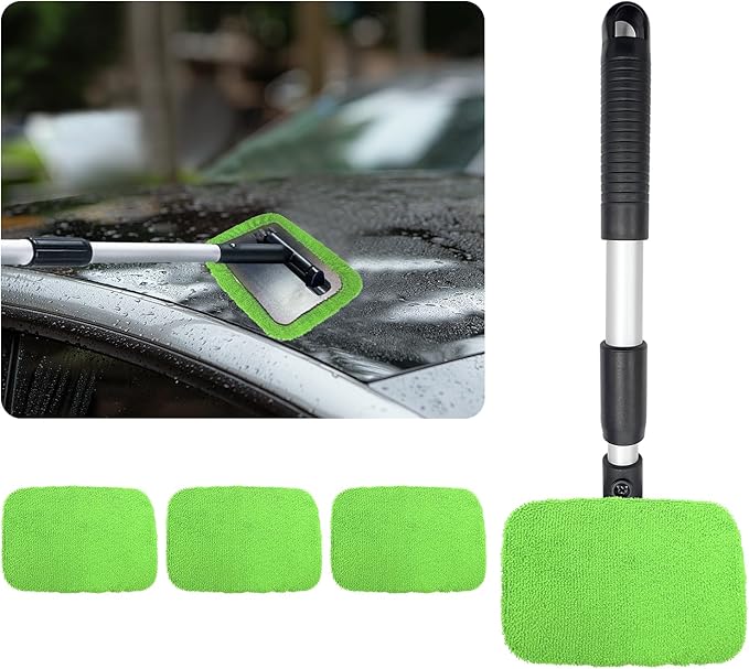 Ziciner Car Windshield Cleaner, Microfiber Auto Cleaning Wiper with Aluminum Extendable Handle and 2 Washable Reusable Cloth Pad Head, Universal Vehicle Interior Exterior Cleaner Kit (Green-Rectangle)