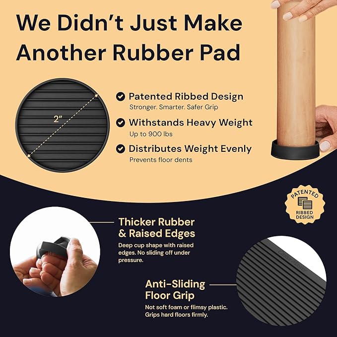 CasterMaster Rubber Furniture Pads - Non Slip Caster Cups & Couch Stoppers for Hardwood Floors - 2 Inch Round Furniture Grippers, Leg Floor Protectors to Stop Sliding - Black, 4 Pack