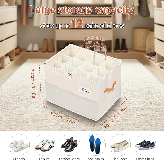 Shoe Organizer for Closet, Foldable Shoe Box Storage Containers with Clear Cover, Smooth Zipper, Reinforced Handles and Bottom Support, Space Saving Shoes Holder, Beige (2, Small)