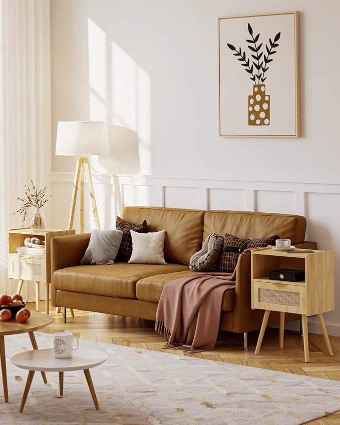 Veegle Rattan Nightstand,Modern Bedside Table with Storage Drawer and Open Wood Shelf, for Living Room, Bedroom and Small Spaces, Accent Night Stand with Solid Wood Legs, Easy Assembly,(Oak)