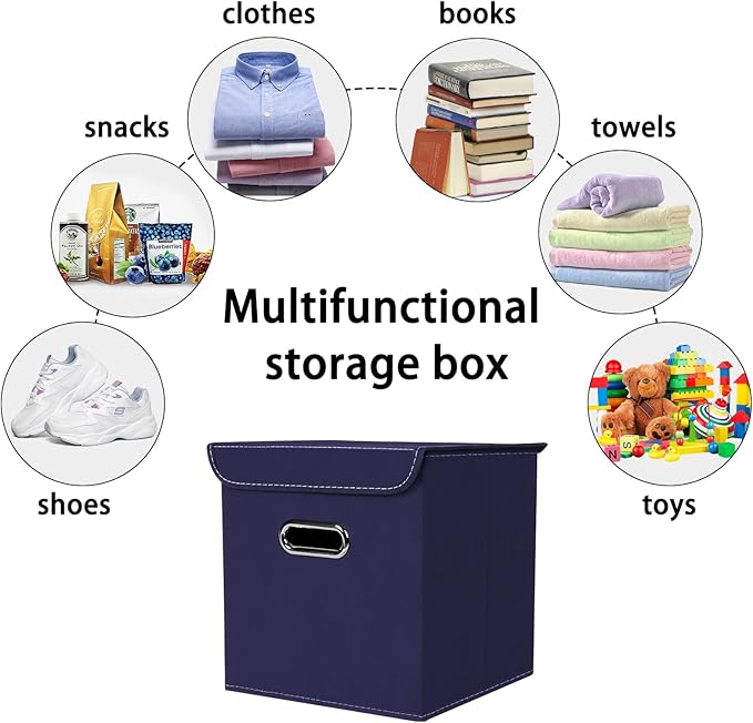 Closet Organizers Fabric Storage Bins With Lids Collapsible Cube Storages Organizer Basket With Handles,Storage Boxes for Clothes Storage,Office,Toys,3 Pack,（Navy Blue